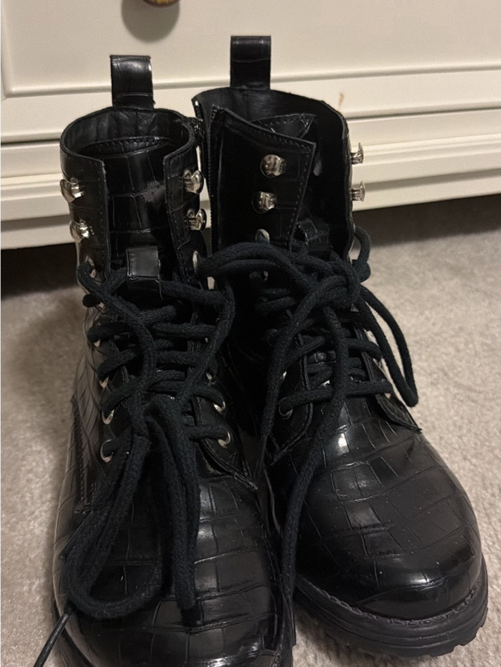 Steve Madden Black Croc-Embossed Lace-Up Combat Boots